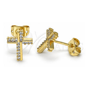 Arete Dormilona 02.342.0118 Oro Laminado, Diseño de Cruz, con Micro Pave Blanca, Pulido, Tono Dorado