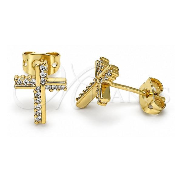 Arete Dormilona 02.342.0118 Oro Laminado, Diseño de Cruz, con Micro Pave Blanca, Pulido, Tono Dorado