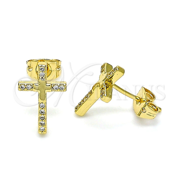 Arete Dormilona 02.342.0119 Oro Laminado, Diseño de Cruz, con Blanca Micro Pave, Pulido, Tono Dorado