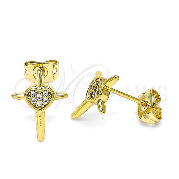 Arete Dormilona 02.342.0120 Oro Laminado, Diseño de Cruz y Corazón, con Blanca Micro Pave, Pulido, Tono Dorado