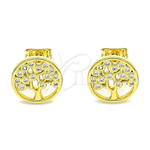 Arete Dormilona 02.342.0125 Oro Laminado, Diseño de Ãrbol, con Blanca Micro Pave, Pulido, Tono Dorado