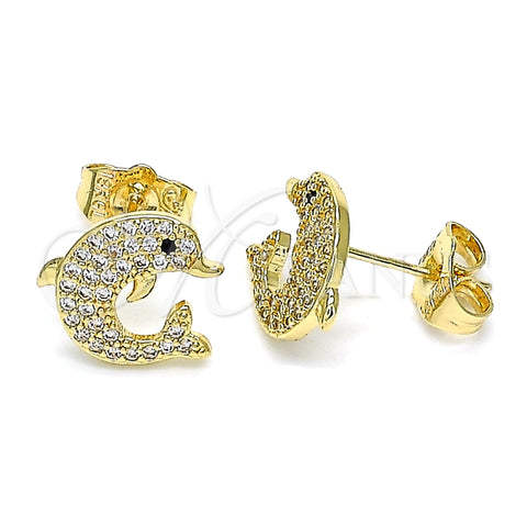 Arete Dormilona 02.156.0584 Oro Laminado, Diseño de Delfín, con Blanca and Negro Micro Pave, Pulido, Tono Dorado