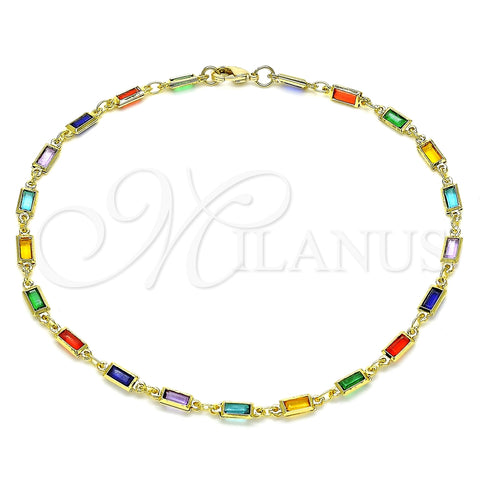 Tobillera Elegante 03.386.0019.10 Oro Laminado, con Cristal Multicolor, Pulido, Tono Dorado (Grosor 03.8 MM, 10 Pulgadas de Largo)