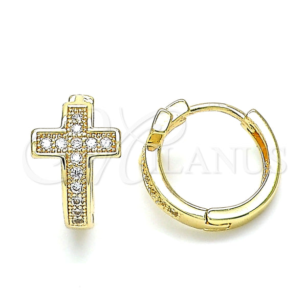 Argolla Huggie 02.195.0145.15 Oro Laminado, Diseño de Cruz, con Blanca Micro Pave, Pulido, Tono Dorado