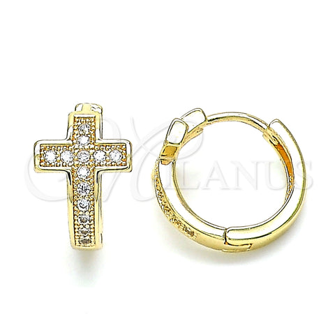 Argolla Huggie 02.195.0145.15 Oro Laminado, Diseño de Cruz, con Blanca Micro Pave, Pulido, Tono Dorado