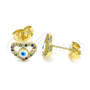 Arete Dormilona 02.156.0591.1 Oro Laminado, Diseño de Ojo Griego y Corazón, con Multicolor Micro Pave, Esmaltado Blanco, Tono Dorado