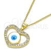 Collares con Dije 04.156.0424.20 Oro Laminado, Diseño de Ojo Griego y Corazón, con Micro Pave Blanca, Esmaltado Blanco, Tono Dorado (Grosor 02 MM, 20 Pulgadas de Largo)