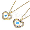 Collares con Dije 04.156.0424.20 Oro Laminado, Diseño de Ojo Griego y Corazón, con Blanca Micro Pave, Esmaltado Blanco, Tono Dorado (02 MM Thickness, 20 Inches Length)