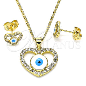 Juego de Arete y Dije de Adulto 10.156.0384 Oro Laminado, Diseño de Ojo Griego y Corazón, con Blanca Micro Pave, Esmaltado Blanco, Tono Dorado