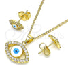 Juego de Arete y Dije de Adulto 10.156.0385 Oro Laminado, Diseño de Ojo Griego, con Blanca Micro Pave, Esmaltado Blanco, Tono Dorado