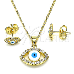 Juego de Arete y Dije de Adulto 10.156.0385 Oro Laminado, Diseño de Ojo Griego, con Blanca Micro Pave, Esmaltado Blanco, Tono Dorado