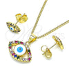 Juego de Arete y Dije de Adulto 10.156.0385.1 Oro Laminado, Diseño de Ojo Griego, con Multicolor Micro Pave, Esmaltado Blanco, Tono Dorado