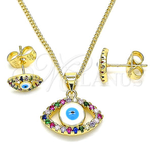 Juego de Arete y Dije de Adulto 10.156.0385.1 Oro Laminado, Diseño de Ojo Griego, con Multicolor Micro Pave, Esmaltado Blanco, Tono Dorado