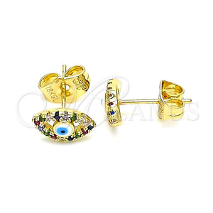 Arete Dormilona 02.156.0592.1 Oro Laminado, Diseño de Ojo Griego, con Multicolor Micro Pave, Esmaltado Blanco, Tono Dorado