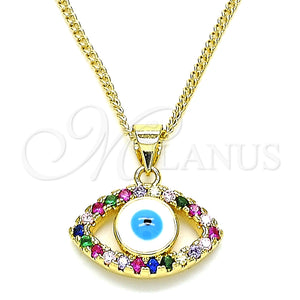 Collares con Dije 04.156.0425.1.20 Oro Laminado, Diseño de Ojo Griego, con Multicolor Micro Pave, Esmaltado Blanco, Tono Dorado (02 MM Thickness, 20 Inches Length)