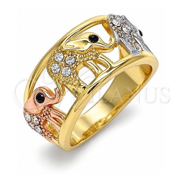 Anillo Multi Piedra 01.380.0001.1.08 Oro Laminado, Diseño de Elefante, con Cristal Blanca y Negro, Pulido, Tres Tonos (Tamaño 8)