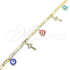 Pulsera de Dije 03.213.0134.07 Oro Laminado, Diseño de Ojo Griego y Cruz, Esmaltado Multicolor, Tono Dorado (04 MM Thickness, 7 Inches Length)