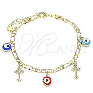 Pulsera de Dije 03.213.0134.07 Oro Laminado, Diseño de Ojo Griego y Cruz, Esmaltado Multicolor, Tono Dorado (04 MM Thickness, 7 Inches Length)