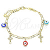 Pulsera de Dije 03.213.0134.07 Oro Laminado, Diseño de Ojo Griego y Cruz, Esmaltado Multicolor, Tono Dorado (04 MM Thickness, 7 Inches Length)