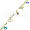 Pulsera de Dije 03.213.0135.07 Oro Laminado, Diseño de Ojo Griego y Mariposa, Esmaltado Multicolor, Tono Dorado (04 MM Thickness, 7 Inches Length)