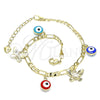 Pulsera de Dije 03.213.0135.07 Oro Laminado, Diseño de Ojo Griego y Mariposa, Esmaltado Multicolor, Tono Dorado (04 MM Thickness, 7 Inches Length)