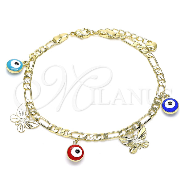 Pulsera de Dije 03.213.0135.07 Oro Laminado, Diseño de Ojo Griego y Mariposa, Esmaltado Multicolor, Tono Dorado (04 MM Thickness, 7 Inches Length)