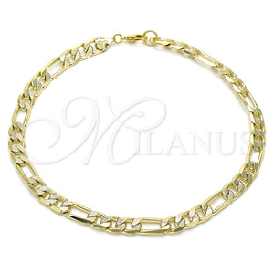 Tobillera Básica 5.223.034.12 Oro Laminado, Diseño de Pave Figaro, Pulido, Tono Dorado (07 MM Thickness, 12 Inches Length)