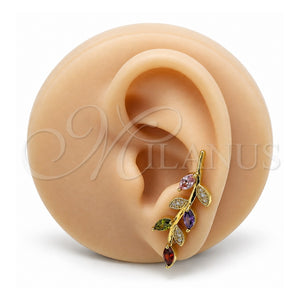 Earcuff 02.210.0629 Oro Laminado, Diseño de Oja y Flor, con Multicolor Zirconia Cubica, Pulido, Tono Dorado