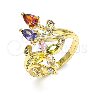 Anillo Multi Piedra 01.283.0025.09 Oro Laminado, Diseño de Oja y Flor, con Multicolor Zirconia Cubica, Pulido, Tono Dorado (Size 9)