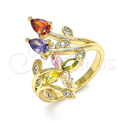 Anillo Multi Piedra 01.283.0025.09 Oro Laminado, Diseño de Oja y Flor, con Multicolor Zirconia Cubica, Pulido, Tono Dorado (Size 9)