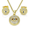Juego de Arete y Dije de Adulto 10.156.0386 Oro Laminado, Diseño de Ojo Griego, con Zirconia Cubica Zafiro Azul y Micro Pave Blanca, Pulido, Tono Dorado