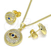 Juego de Arete y Dije de Adulto 10.156.0386 Oro Laminado, Diseño de Ojo Griego, con Zirconia Cubica Zafiro Azul y Micro Pave Blanca, Pulido, Tono Dorado