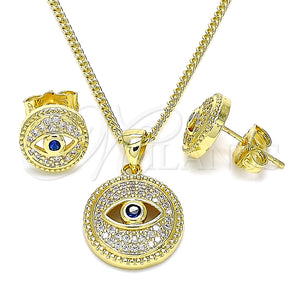 Juego de Arete y Dije de Adulto 10.156.0386 Oro Laminado, Diseño de Ojo Griego, con Zirconia Cubica Zafiro Azul y Micro Pave Blanca, Pulido, Tono Dorado