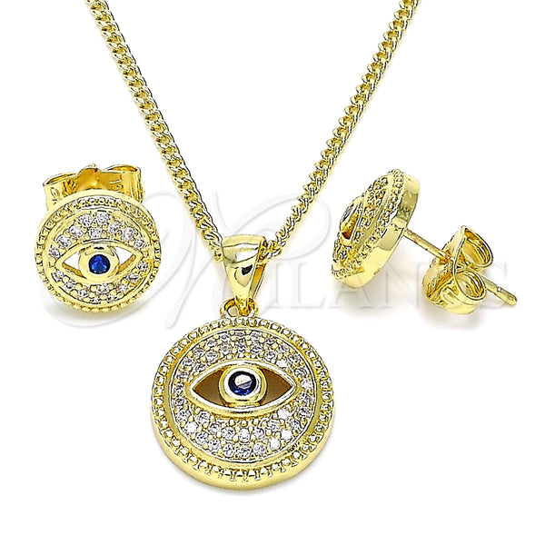 Juego de Arete y Dije de Adulto 10.156.0386 Oro Laminado, Diseño de Ojo Griego, con Zirconia Cubica Zafiro Azul y Micro Pave Blanca, Pulido, Tono Dorado