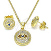 Juego de Arete y Dije de Adulto 10.156.0386 Oro Laminado, Diseño de Ojo Griego, con Zirconia Cubica Zafiro Azul y Micro Pave Blanca, Pulido, Tono Dorado