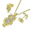 Juego de Arete y Dije de Adulto 10.156.0389 Oro Laminado, Diseño de Búho, con Blanca Micro Pave, Pulido, Tono Dorado