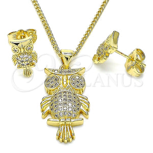 Juego de Arete y Dije de Adulto 10.156.0389 Oro Laminado, Diseño de Búho, con Blanca Micro Pave, Pulido, Tono Dorado