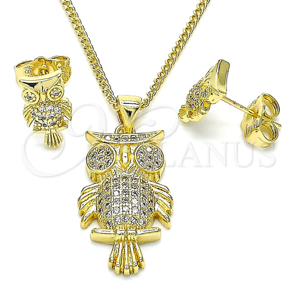 Juego de Arete y Dije de Adulto 10.156.0389 Oro Laminado, Diseño de Búho, con Blanca Micro Pave, Pulido, Tono Dorado
