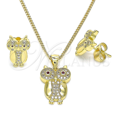 Juego de Arete y Dije de Adulto 10.156.0392 Oro Laminado, Diseño de Búho, con Rubi Zirconia Cubica and Blanca Micro Pave, Pulido, Tono Dorado
