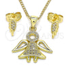 Juego de Arete y Dije de Adulto 10.156.0393 Oro Laminado, Diseño de Angel, con Blanca Micro Pave, Pulido, Tono Dorado