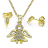 Juego de Arete y Dije de Adulto 10.156.0393 Oro Laminado, Diseño de Angel, con Blanca Micro Pave, Pulido, Tono Dorado