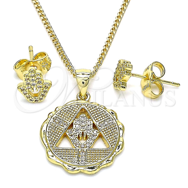 Juego de Arete y Dije de Adulto 10.156.0396 Oro Laminado, Diseño de Mano de Dios, con Blanca Micro Pave, Pulido, Tono Dorado