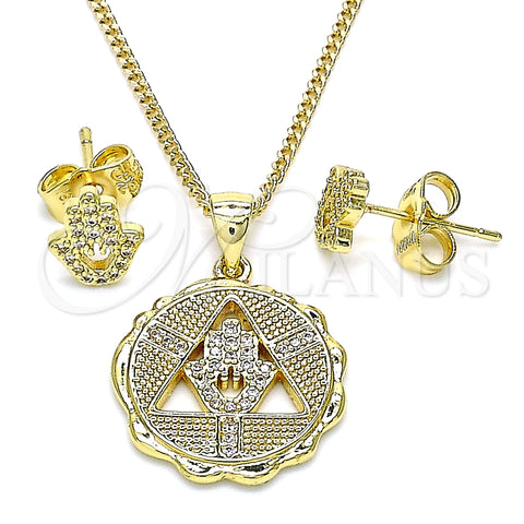 Juego de Arete y Dije de Adulto 10.156.0396 Oro Laminado, Diseño de Mano de Dios, con Blanca Micro Pave, Pulido, Tono Dorado