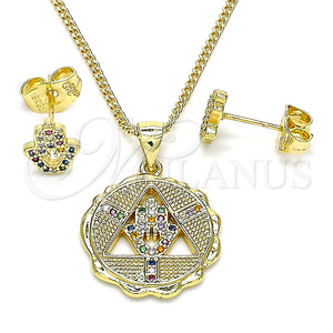 Juego de Arete y Dije de Adulto 10.156.0396.1 Oro Laminado, Diseño de Mano de Dios, con Multicolor Micro Pave, Pulido, Tono Dorado