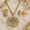 Juego de Arete y Dije de Adulto 10.156.0396.2 Oro Laminado, Diseño de Mano de Dios y Judaica, con Micro Pave Zafiro Azul y Blanca, Pulido, Tono Dorado