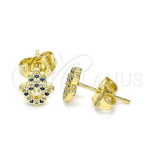 Arete Dormilona 02.156.0604.2 Oro Laminado, Diseño de Mano de Dios y Judaica, con Micro Pave Zafiro Azul y Blanca, Pulido, Tono Dorado