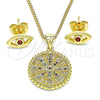 Juego de Arete y Dije de Adulto 10.156.0397.1 Oro Laminado, Diseño de Ojo Griego, con Multicolor Micro Pave, Pulido, Tono Dorado