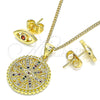 Juego de Arete y Dije de Adulto 10.156.0397.1 Oro Laminado, Diseño de Ojo Griego, con Multicolor Micro Pave, Pulido, Tono Dorado