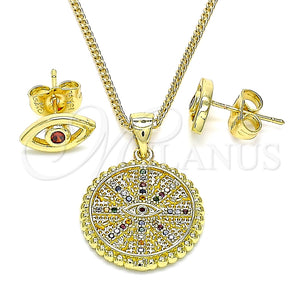 Juego de Arete y Dije de Adulto 10.156.0397.1 Oro Laminado, Diseño de Ojo Griego, con Multicolor Micro Pave, Pulido, Tono Dorado