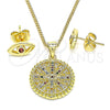 Juego de Arete y Dije de Adulto 10.156.0397.1 Oro Laminado, Diseño de Ojo Griego, con Multicolor Micro Pave, Pulido, Tono Dorado
